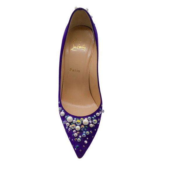 CHRISTIAN LOUBOUTIN CANDIDATE 100 PURPLE EMBELLISHED POINTED TOE SUEDE PUMPS - Picture 4 of 7